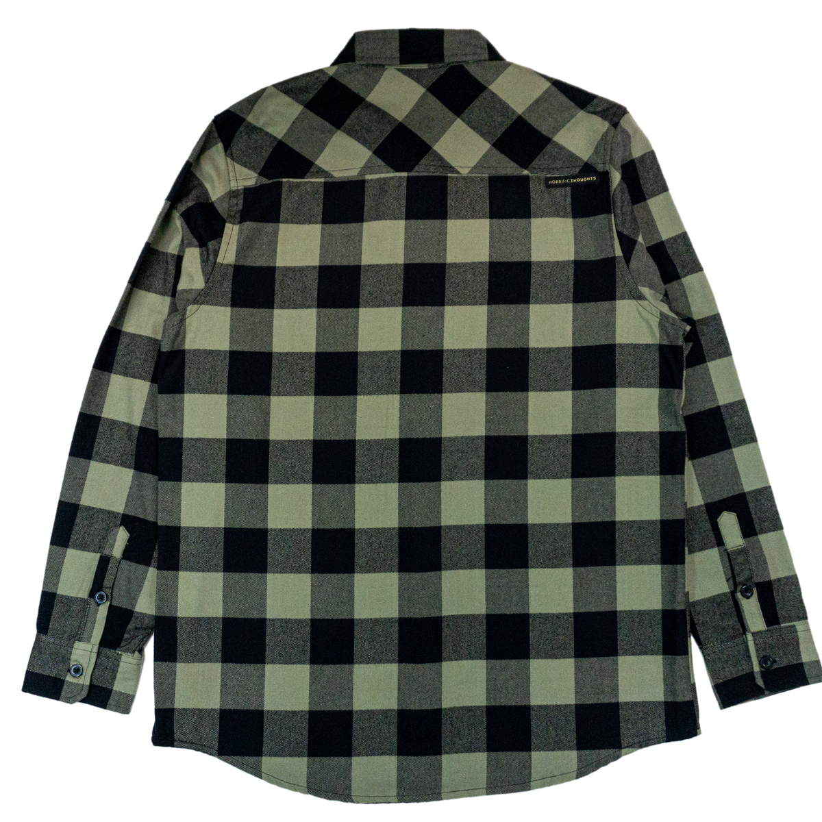 Horrific Thoughts Premium Flannel Shirt (Olive/Black) — back view