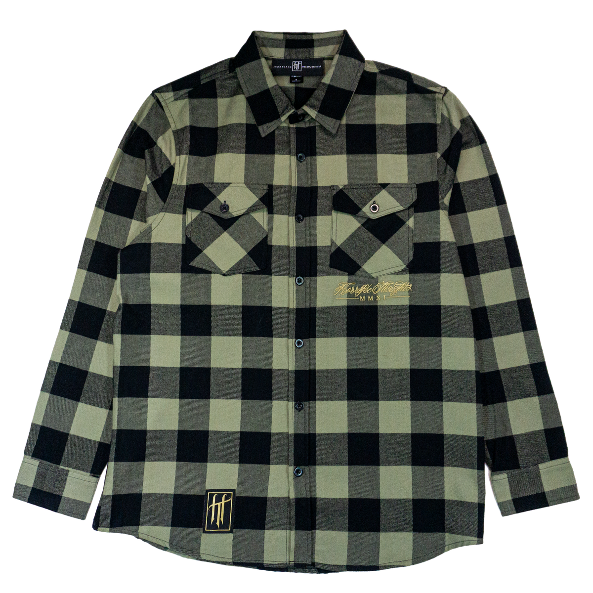Horrific Thoughts Premium Flannel Shirt (Olive/Black) — front view